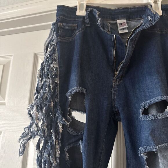 United We Stand Fringed Distressed Jeans Jr Womens Sz 15 USA Festival Boho Denim - Picture 8 of 14